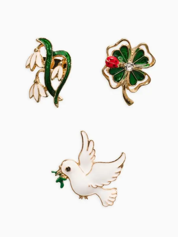Броши "Голубь, клевер, подснежник" (набор 3шт), цветной в золоте