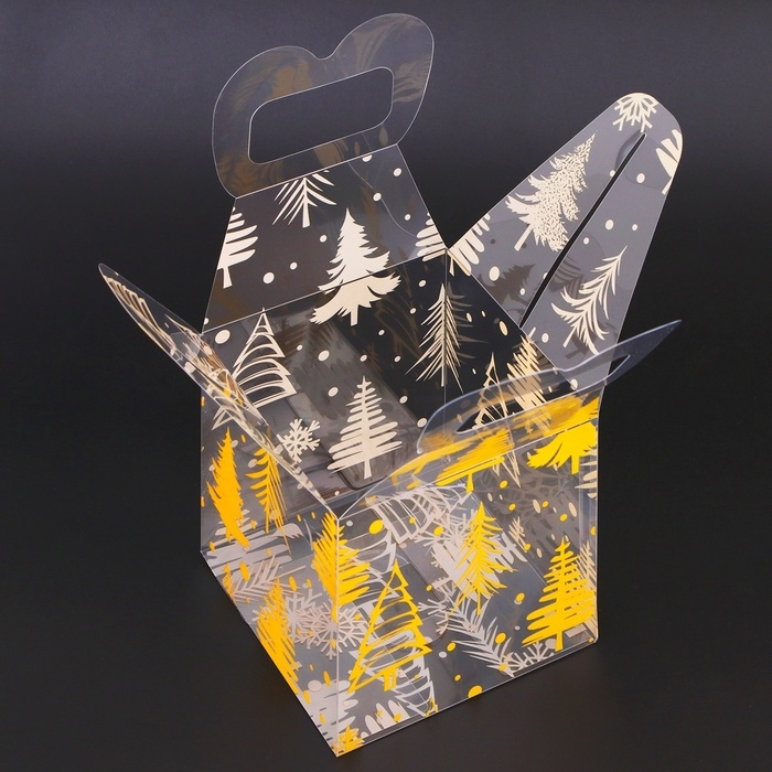 Новый год. Коробка подарочная новогодняя складная ПВХ Новый год. Коробка подарочная новогодняя складная ПВХ "Ёлочки" 11 х 11 х 11 см.