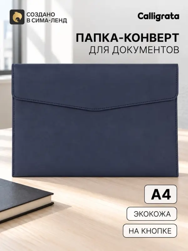 Папка-конверт на кнопке, формат А4, кожзам, темно-синяя
