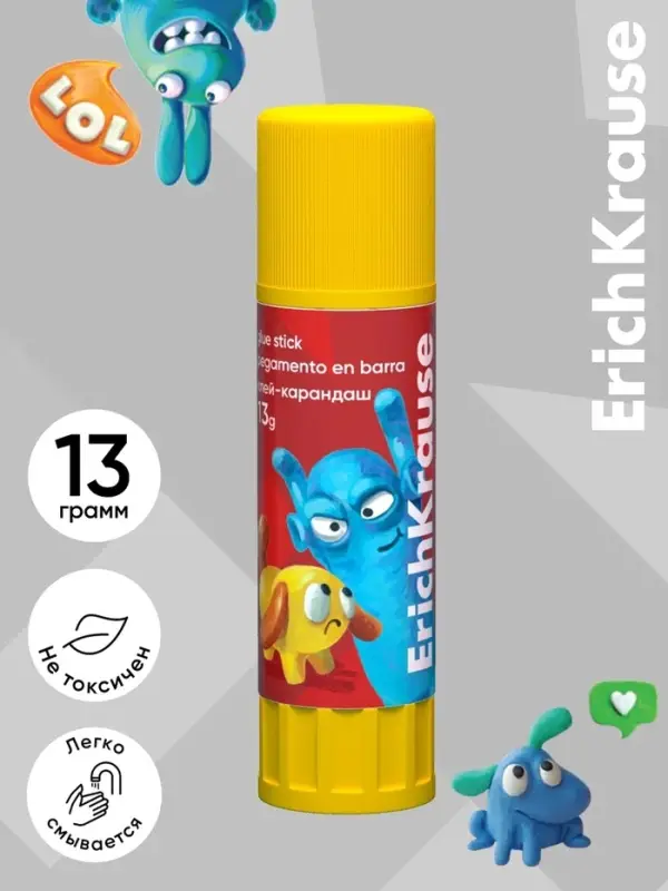 Клей-карандаш, ErichKrause EasyStick Jolly Friends, PVP, экономичный расход, 13 г, МИКС