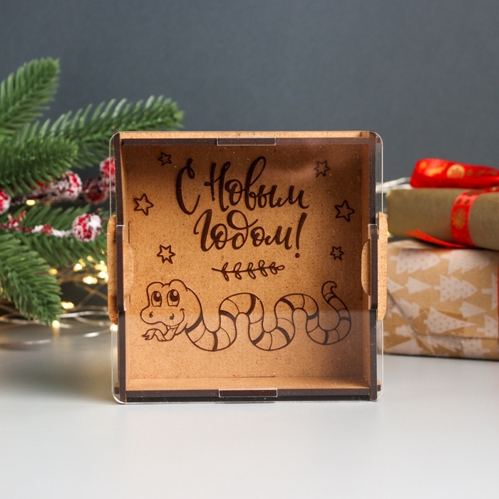 Новогодняя копилка с акрилом  Новогодняя копилка с акрилом "Змея. С Новым годом" 12х12х4 см