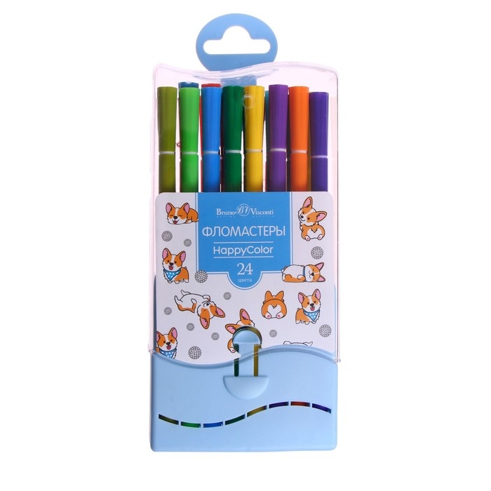 Фломастеры 24 цвета HappyColor, на водной основе, в пластиковом пенале, МИКС Фломастеры 24 цвета HappyColor, на водной основе, в пластиковом пенале, МИКС