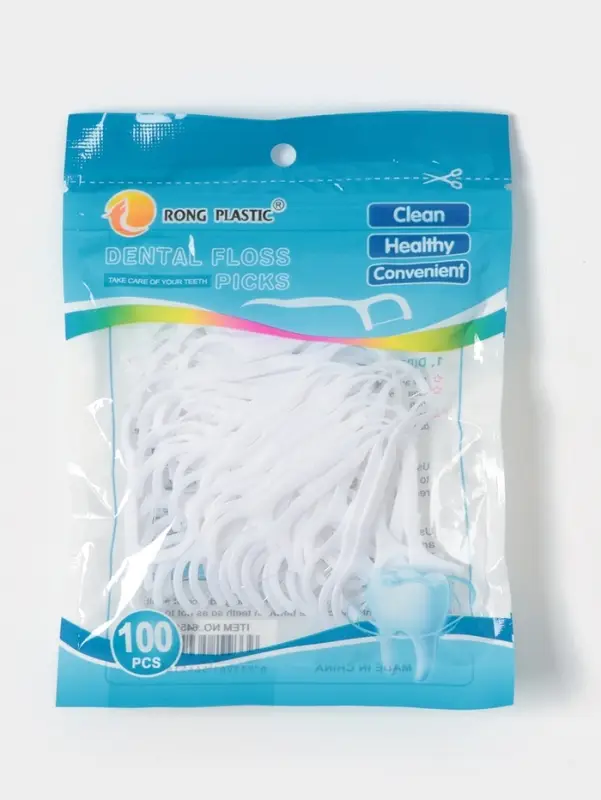 Флоссеры - зубочистки с зубной нитью, набор 100 шт., пластик, шелковина, белые