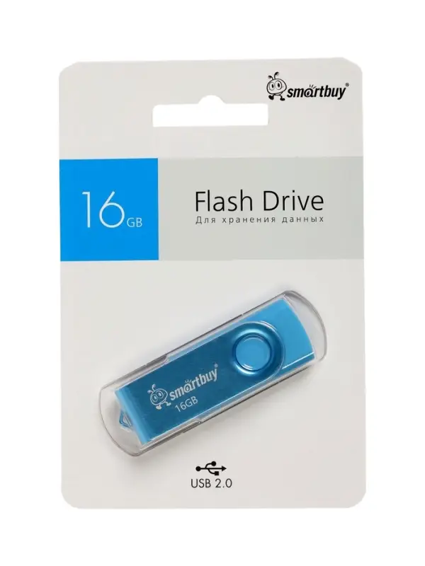 Флешка Smartbuy Twist, 16 ГБ, USB 2.0, чтение до 25 Мб/с, запись до 15 Мб/с, синяя
