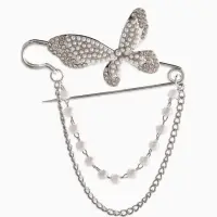 Булавка &laquo;Жемчужная бабочка в стразах&raquo;, цепочка, L=7.5 см, белая в серебре