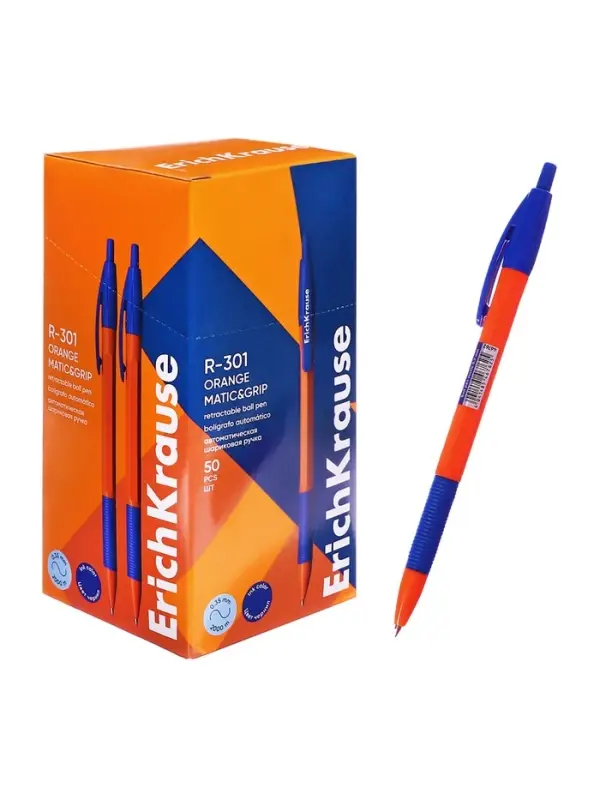 Ручка шариковая ErichKrause. R=301 Orange Matic & Grip, автоматическая, синий стержень, узел 0.7 мм, резиновый упор