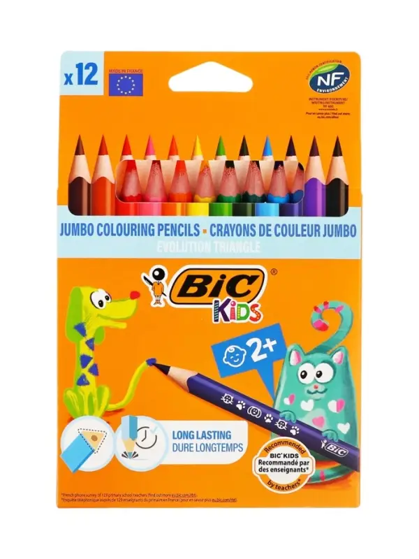 Карандаши цветные 12 цветов, детские, утолщённые, трёхгранные, BIC Kids Evolution Triangle, пластиковые, премиум, картонная упаковка
