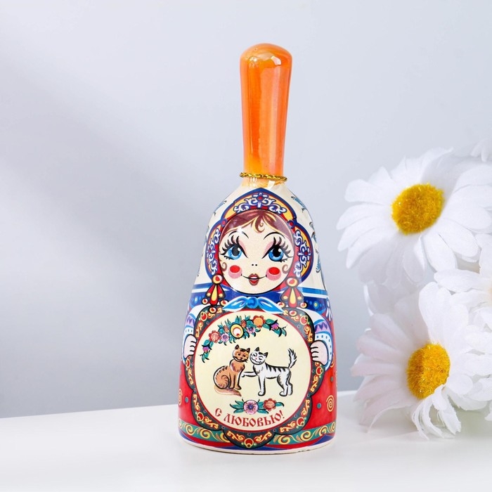 Колокольчик матрешка средняя с ручкой, кошки, микс  10 см Колокольчик матрешка средняя с ручкой, кошки, микс  10 см