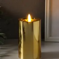 Светодиодная свеча LED "Столбик. Глянец" от батареек 3хАА, золото, мерцающая 7,5х7,5х17 см