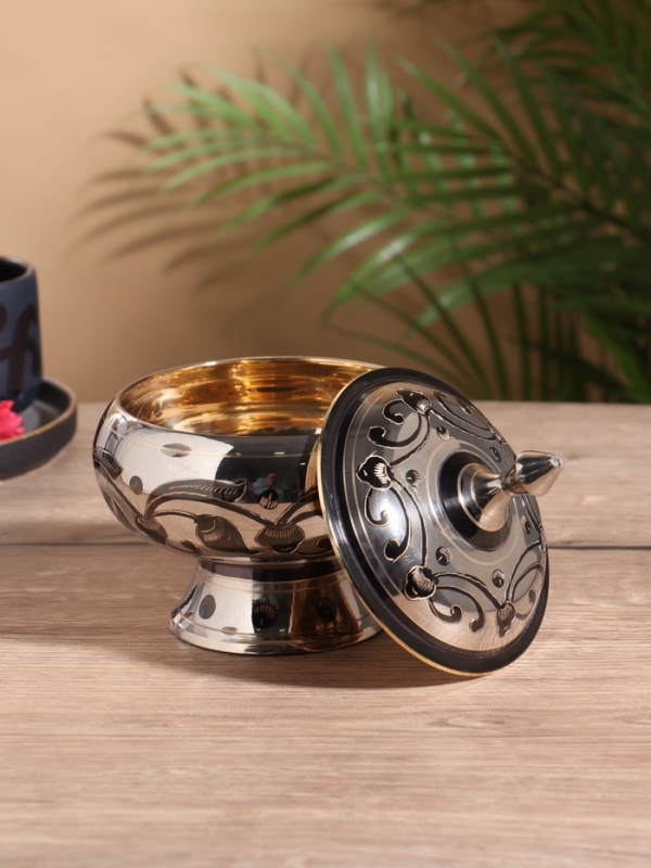 Сахарница «Серебряная с чёрными узорами», латунь, 13×13×15 см