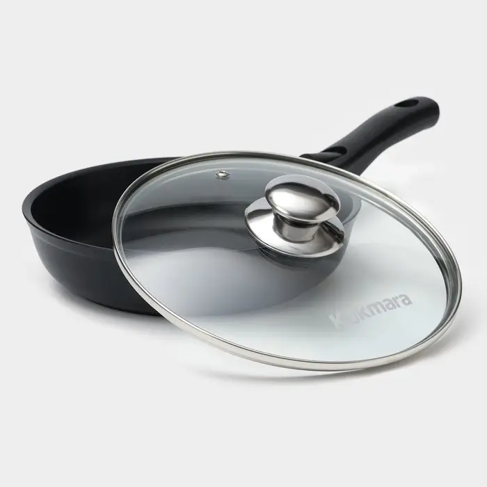 Сковорода KUKMARA &laquo;Традиция&raquo;, d=22 см, стеклянная крышка, съёмная ручка, антипригарное покрытие, алюминий, чёрный