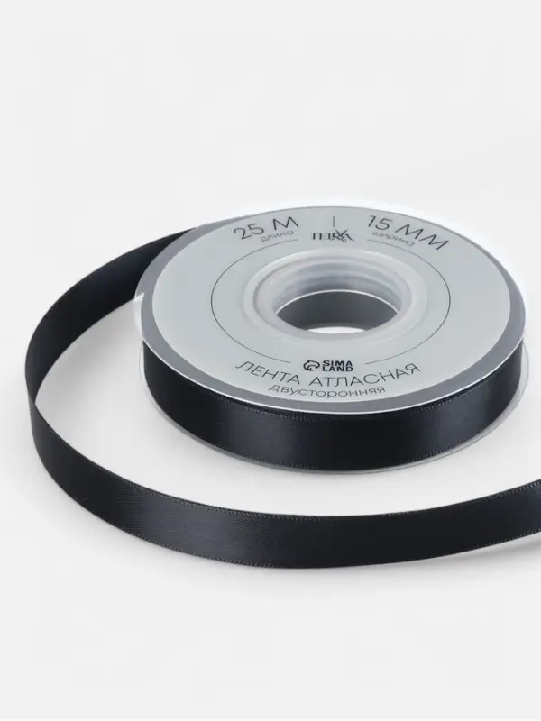 Лента атласная TEIRA, двухсторонняя, 15 мм, 25&plusmn;1 м, чёрная №0030