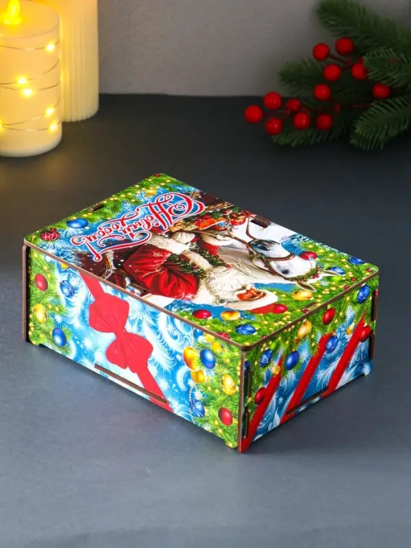 Шкатулка-ящик  самосборный малый с символом года "Дед Мороз и лошадь",  20х13,6х8 см