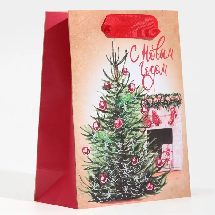 Пакет подарочный новогодний крафтовый &laquo;Вечер у камина&raquo;, S 12 х 15 х 5.5 см