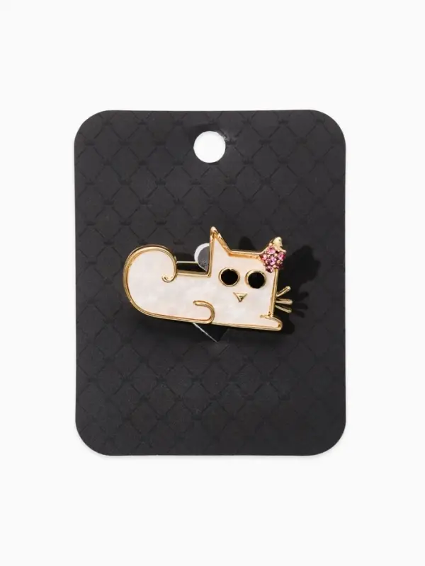Брошь перламутровый "Котёнок" с цветочком, цвет белый в золоте