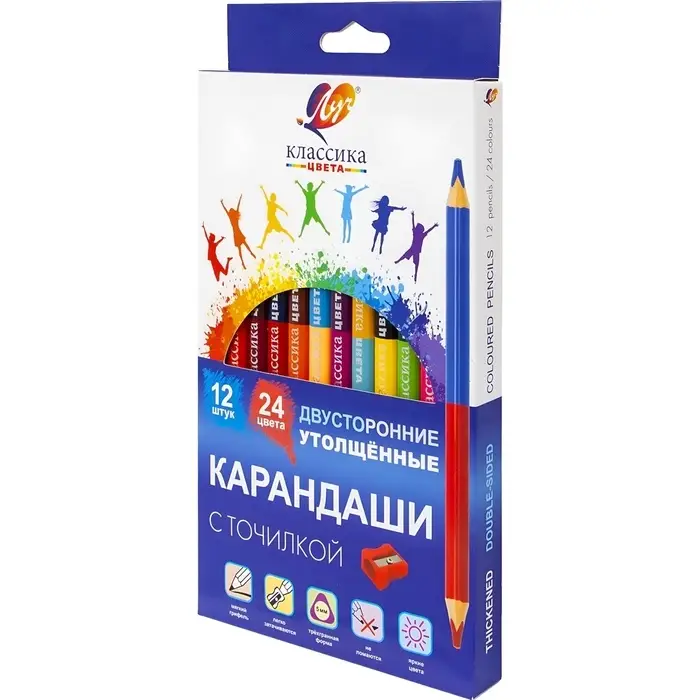 Карандаши 24цв, 12 шт, двусторон, Луч, дерево, заточ, трехгр, толстые, с точил, коробка, европодвес