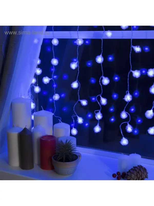 Гирлянда &laquo;Занавес&raquo; 2&times;1.5 м с насадками &laquo;Ёжики&raquo;, IP20, прозрачная нить, 360 LED, свечение синее, 8 режимов, 220 В