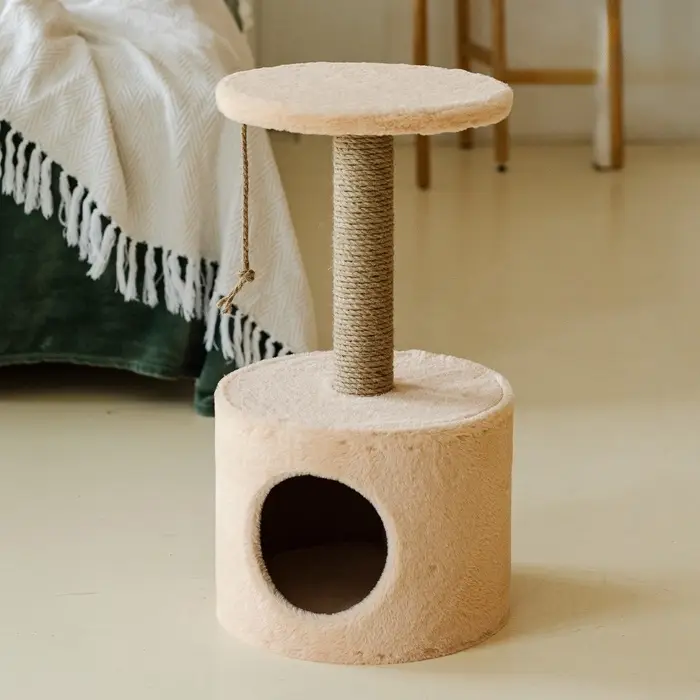 Домик для кошек с когтеточкой круглый, джут, 35&times;35&times;64 см, бежевый