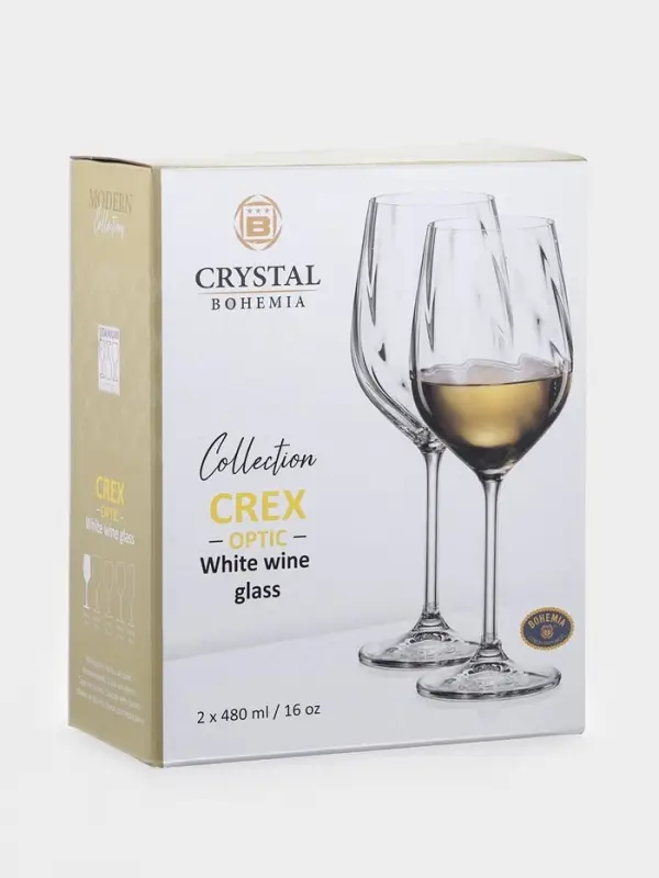 Бокалы для белого вина CRYSTAL BOHEMIA CREX OPTIC, 480 мл, набор 2 шт., стекло, прозрачные