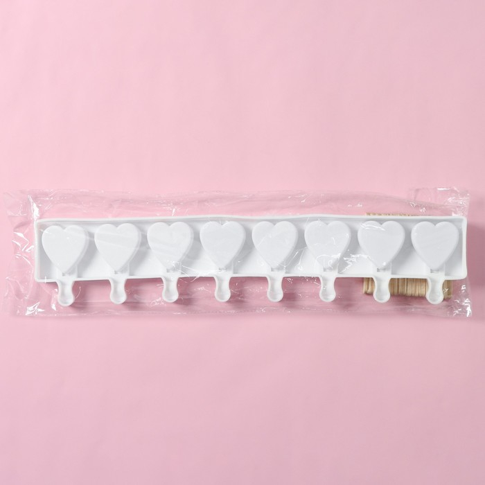 Форма для мороженого Доляна «Сердца. Макси», силикон, 49×6,5×2 см, 8 ячеек, палочки 50 шт, цвет белый Форма для мороженого Доляна «Сердца. Макси», силикон, 49×6,5×2 см, 8 ячеек, палочки 50 шт, цвет белый