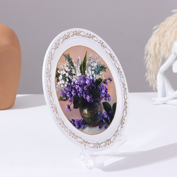 Панно-тарелка «Сирень в вазе», белая, D = 20 см, лаковая миниатюра