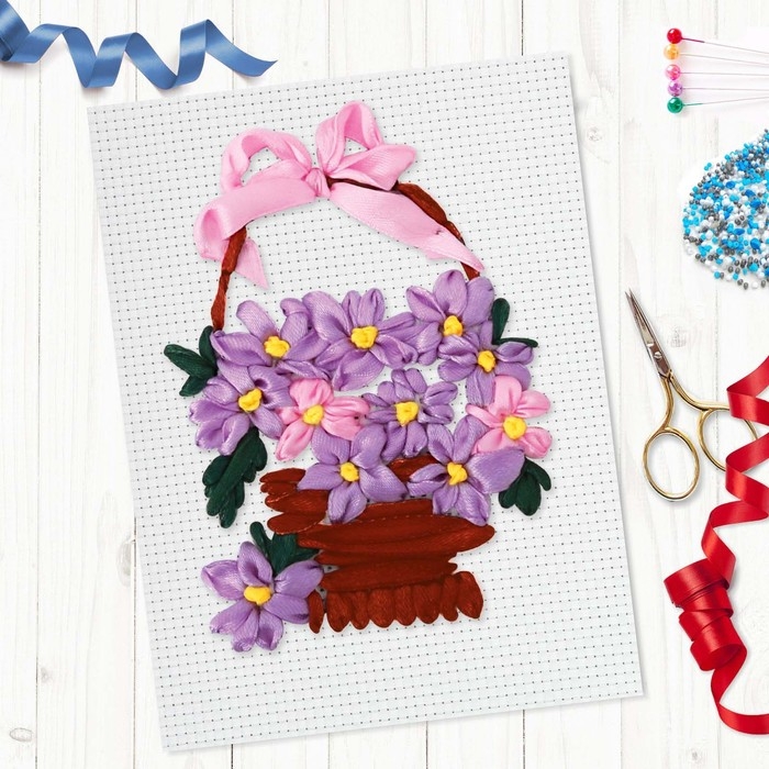 Вышивка лентами на канве «Корзинка фиалок», набор для творчества Вышивка лентами на канве «Корзинка фиалок», набор для творчества
