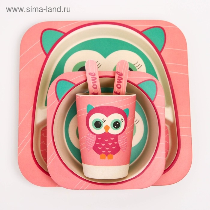 Набор детской бамбуковой посуды «Совушка», тарелка, миска, стакан, приборы, 5 предметов Набор детской бамбуковой посуды «Совушка», тарелка, миска, стакан, приборы, 5 предметов
