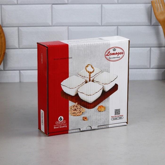 Менажница «Капель», 4 шт: 200 мл, деревянное основание, фарфор, Иран Менажница «Капель», 4 шт: 200 мл, деревянное основание, фарфор, Иран