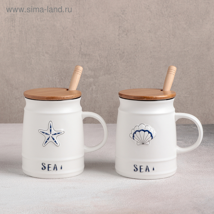 Кружка керамическая с деревянной крышкой и ложкой «Морская», 400 мл, рисунок МИКС Кружка керамическая с деревянной крышкой и ложкой «Морская», 400 мл, рисунок МИКС