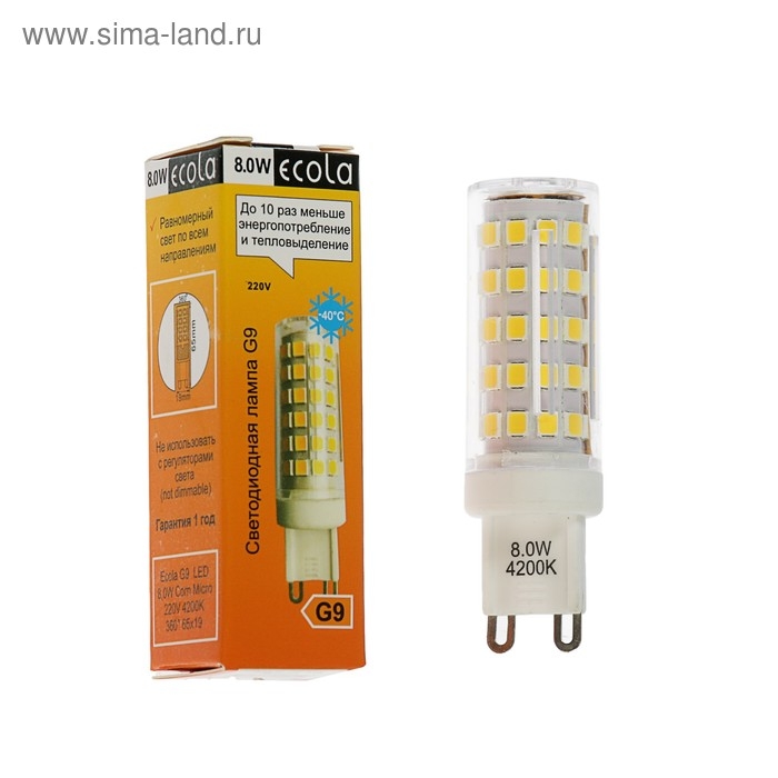 Лампа светодиодная Ecola LED Premium, G9, 8 Вт, 4200 K, 360°, 65x19 мм Лампа светодиодная Ecola LED Premium, G9, 8 Вт, 4200 K, 360°, 65x19 мм