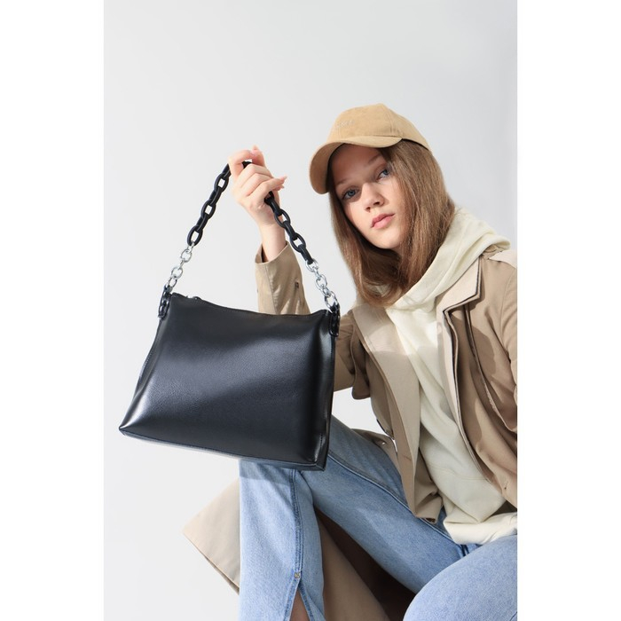 Сумка-тоут на молнии, 2 наружных кармана, длинный ремень, цвет чёрный