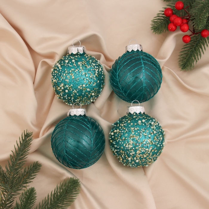 Набор шаров пластик d-8 см, 4 шт Набор шаров пластик d-8 см, 4 шт "Аустен" паутинка, бирюзовый