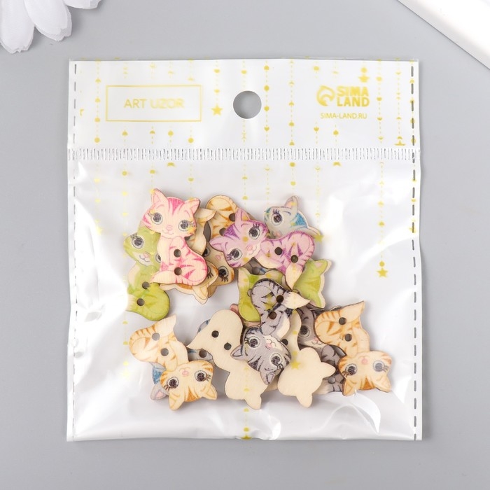 Пуговицы дерево для творчества 2 прокола Пуговицы дерево для творчества 2 прокола "Кошка" набор 15 шт 1,6х2,6 см МИКС