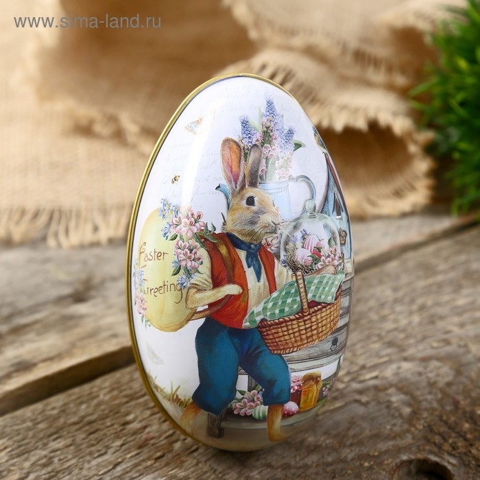 Шкатулка металл яйцо  Шкатулка металл яйцо "Заяц с корзиной" 11х6,5х7 см