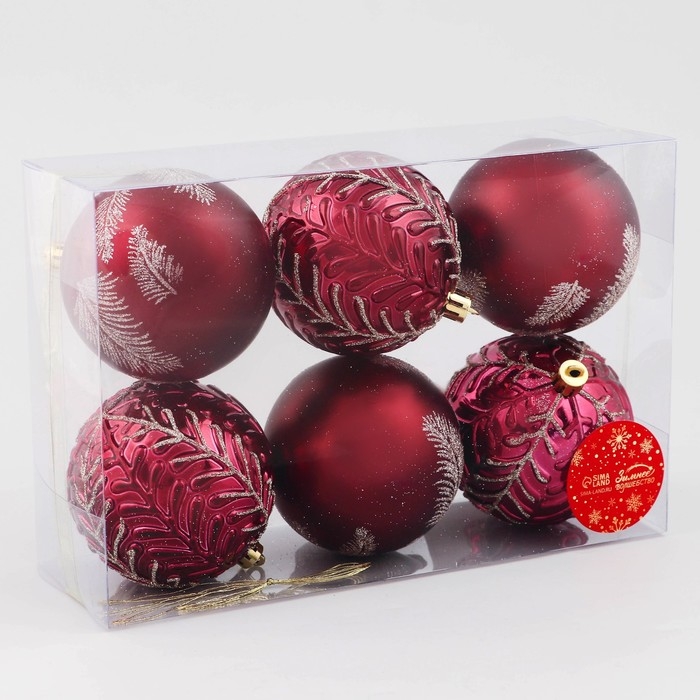 Набор шаров пластик d-8 см, 6 шт Набор шаров пластик d-8 см, 6 шт "Сказочные узоры перья, красный