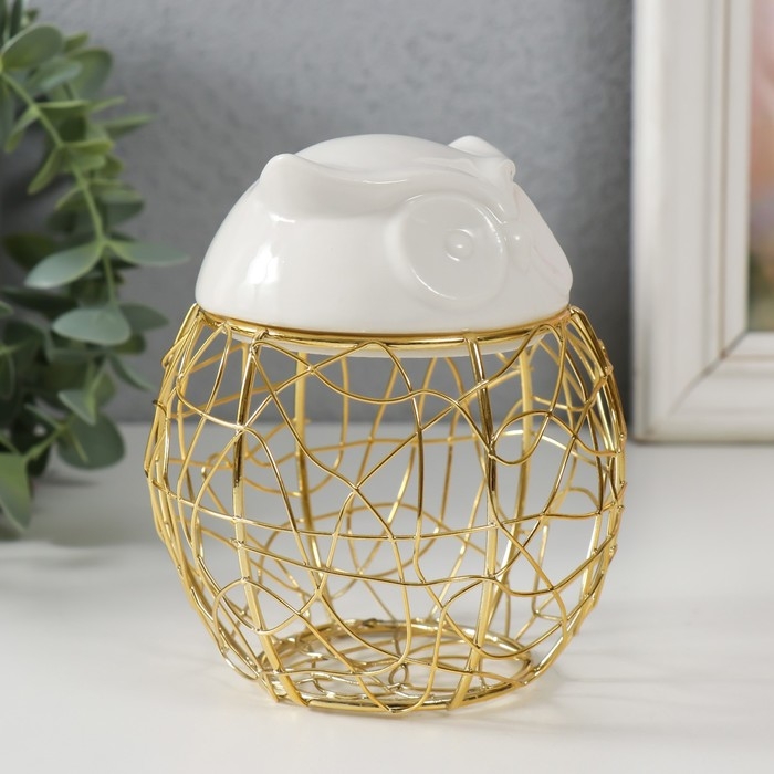 Шкатулка металл, керамика  Шкатулка металл, керамика "Филин. Каракули" белая 10х10х11,5 см