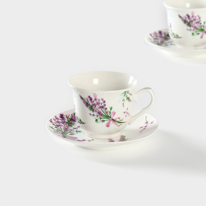 Сервиз фарфоровый чайный Доляна «Лаванда», 4 предмета: 2 чашки 220 мл, 2 блюдца d=14,2 см, цвет белый Сервиз фарфоровый чайный Доляна «Лаванда», 4 предмета: 2 чашки 220 мл, 2 блюдца d=14,2 см, цвет белый