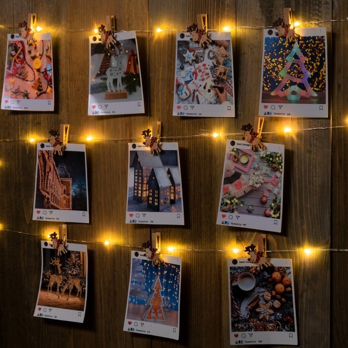 Гирлянда «Нить» 2 м роса с насадками «Прищепки-оленёнок», IP20, серебристая нить, 20 LED, батарейка ААх2 (нет в комплекте), свечение тёплое белое Гирлянда «Нить» 2 м роса с насадками «Прищепки-оленёнок», IP20, серебристая нить, 20 LED, батарейка ААх2 (нет в комплекте), свечение тёплое белое