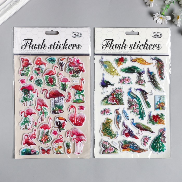 Наклейка пластик объёмные Наклейка пластик объёмные "Фламинго/Павлины" МИКС 28х15 см