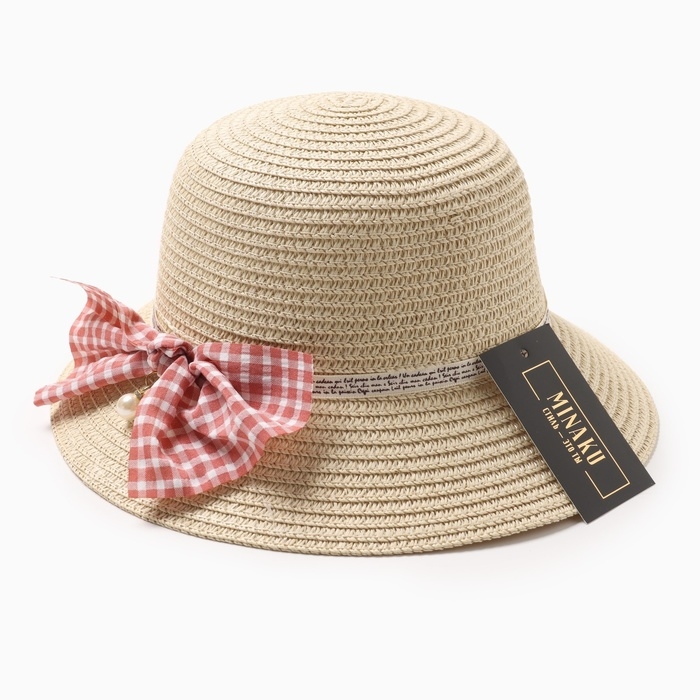 Шляпа для девочки MINAKU с бантом, цвет бежевый, р-р 52 Шляпа для девочки MINAKU с бантом, цвет бежевый, р-р 52