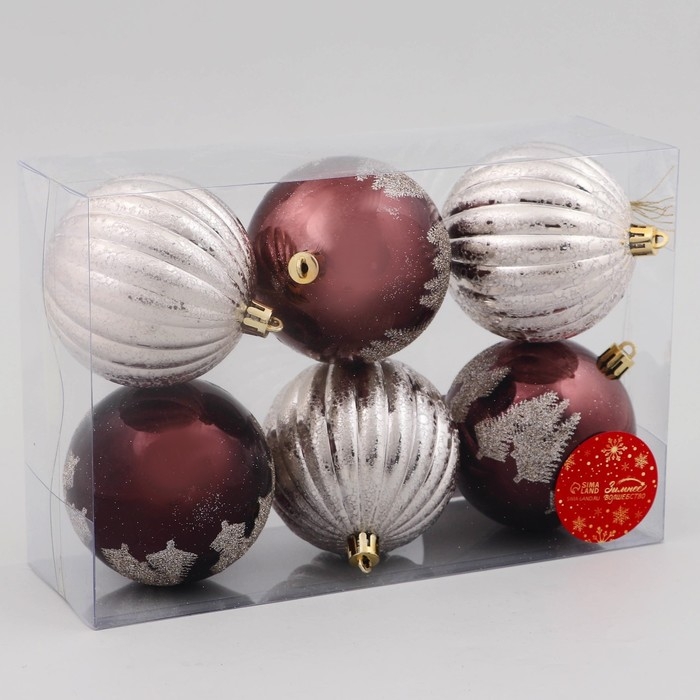 Набор шаров пластик d-8 см, 6 шт Набор шаров пластик d-8 см, 6 шт "Сказочные узоры" перья полосы, коричневый серебро