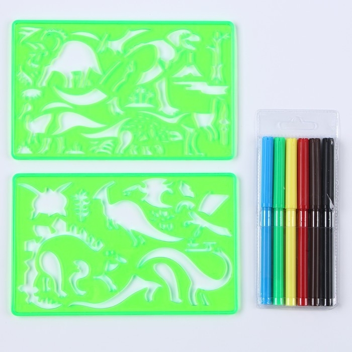 Трафареты «Динозавр», набор 2 шт., 6 шт. фломастеров Трафареты «Динозавр», набор 2 шт., 6 шт. фломастеров