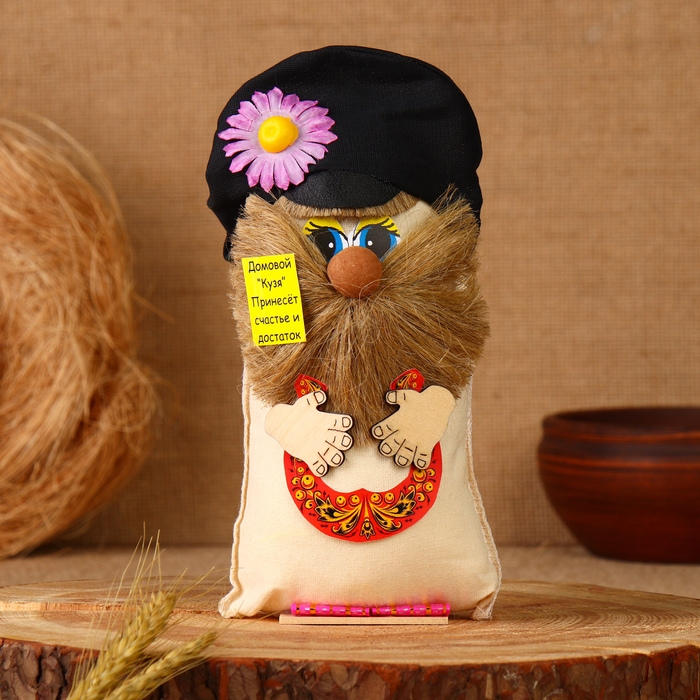 Оберег Оберег "Домовой в кепке с подковой", лён, 20 см