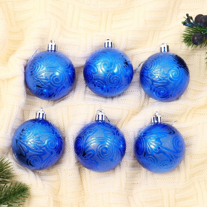 Набор шаров пластик d-6 см, 6 шт Набор шаров пластик d-6 см, 6 шт "Кружевной узор" синий