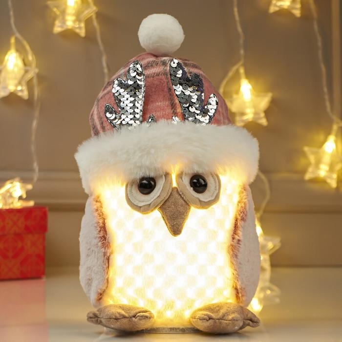 Кукла интерьерная свет Кукла интерьерная свет "Совушка в розовой шапке с оленьими рожками" 25х15х15 см