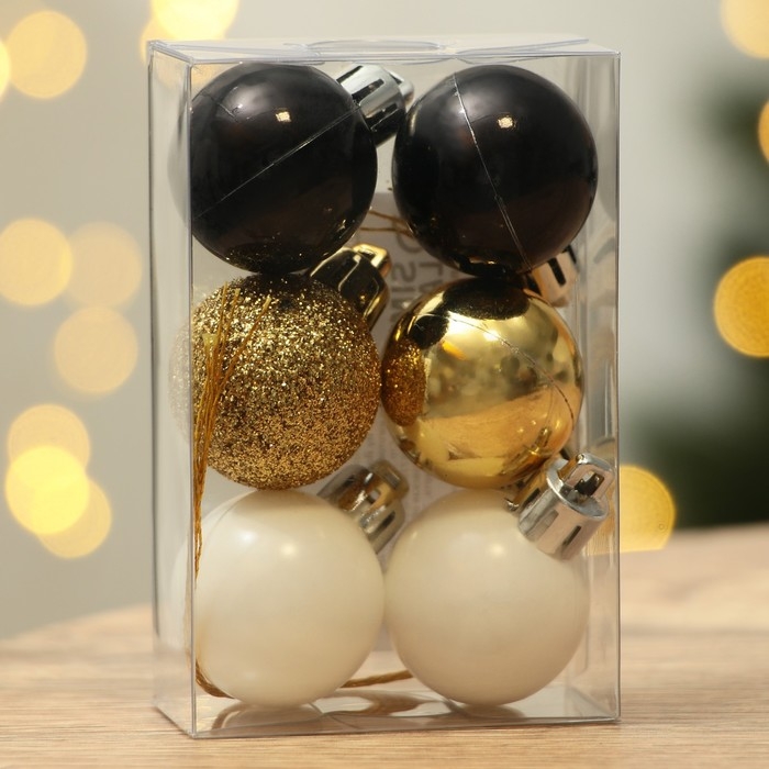 Шары ёлочные новогодние, на Новый год, пластик, d=3 см, 6 шт., цвет чёрный, золотой, белый Шары ёлочные новогодние, на Новый год, пластик, d=3 см, 6 шт., цвет чёрный, золотой, белый