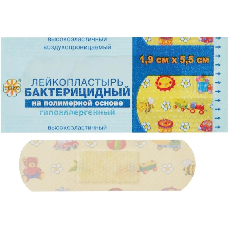 Лейкопластырь бакт. 1,9х5,5см полимерный с рисунком LEIKO, 1000 шт/уп