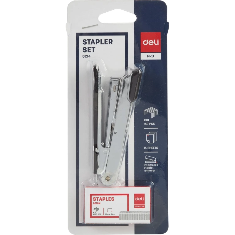 Степлер Deli PRO N10 до 15 лис.,антистеп,+ скобы (1000 шт),блистер, ассорти