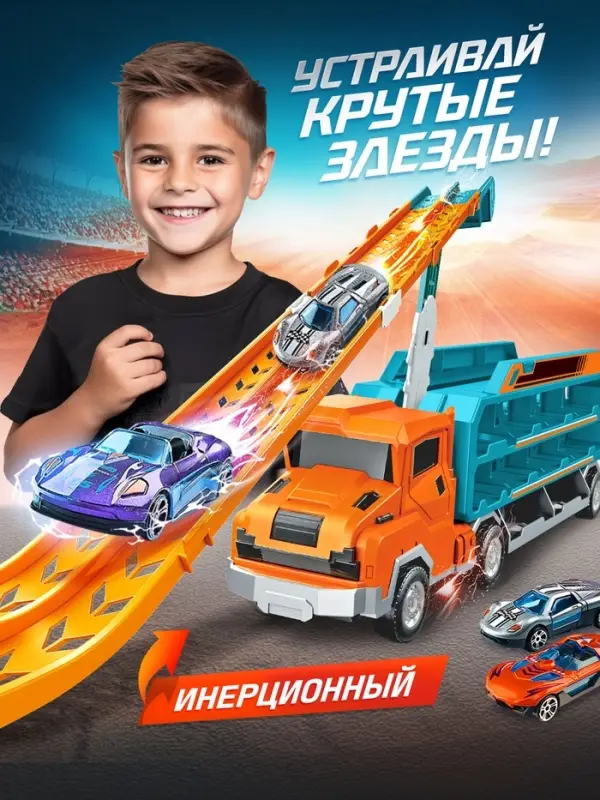 Автовоз-трек &laquo;Крутой спуск&raquo;, 10 металлических машин, инерция, с катапультой