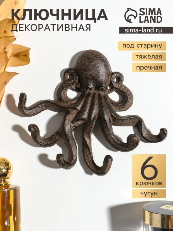 Крючки настенные &laquo;Осьминог&raquo;, ключница декоративная, чугун, 16&times;3&times;19 см